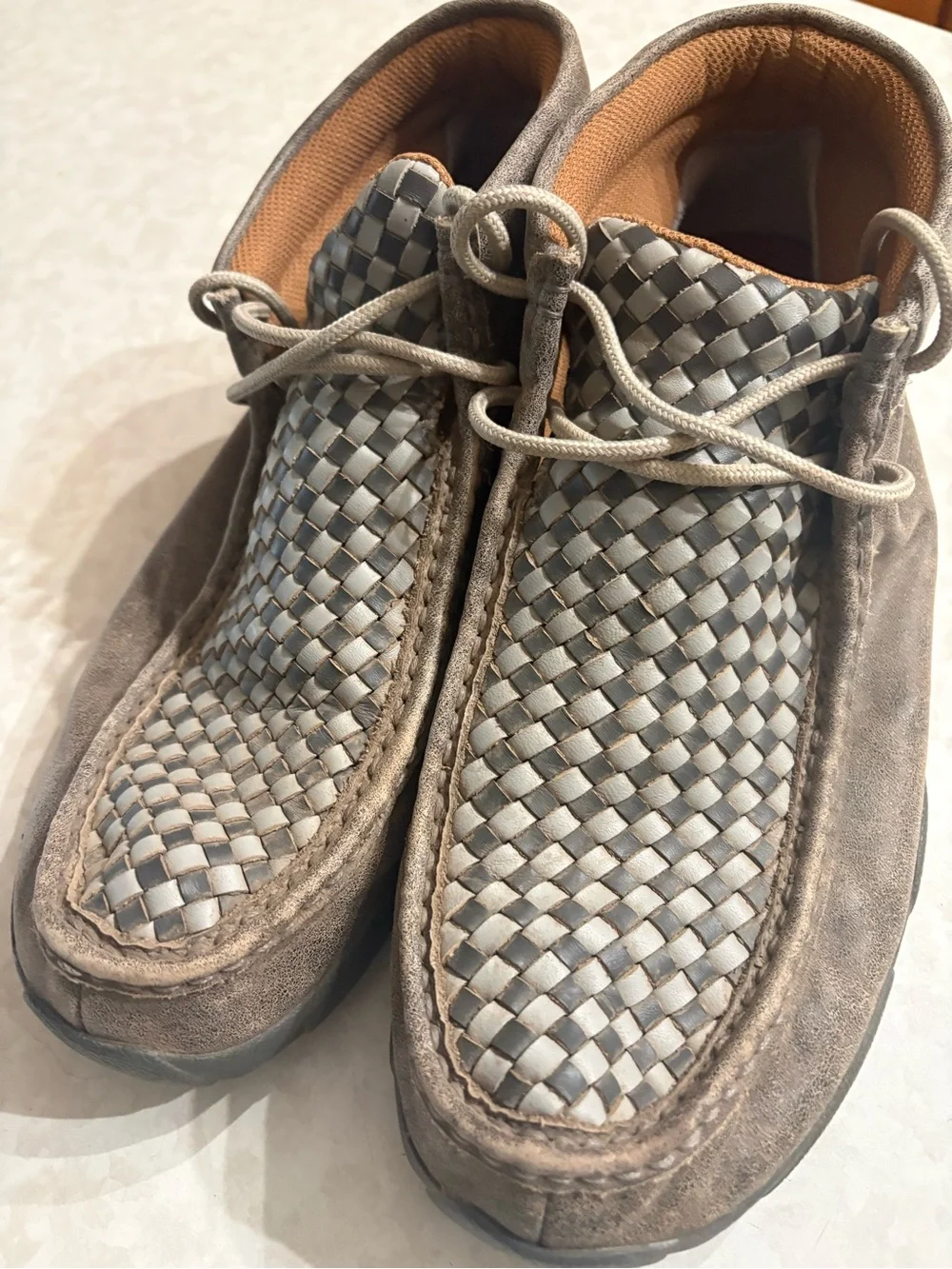 Twisted Taupe Woven Leather Chukka Boots. 10-1/2